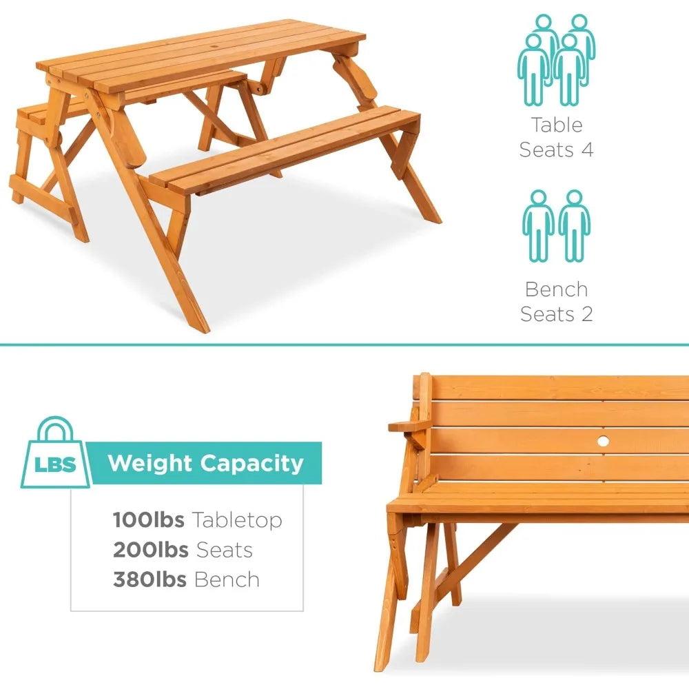 2-in-1 Transforming Interchangeable Outdoor Wooden Picnic Table Garden Bench