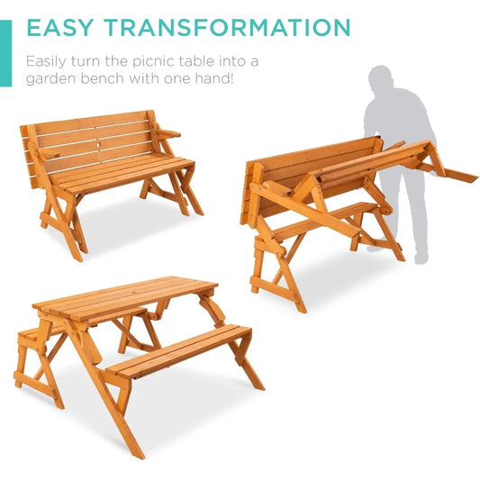 2-in-1 Transforming Interchangeable Outdoor Wooden Picnic Table Garden Bench
