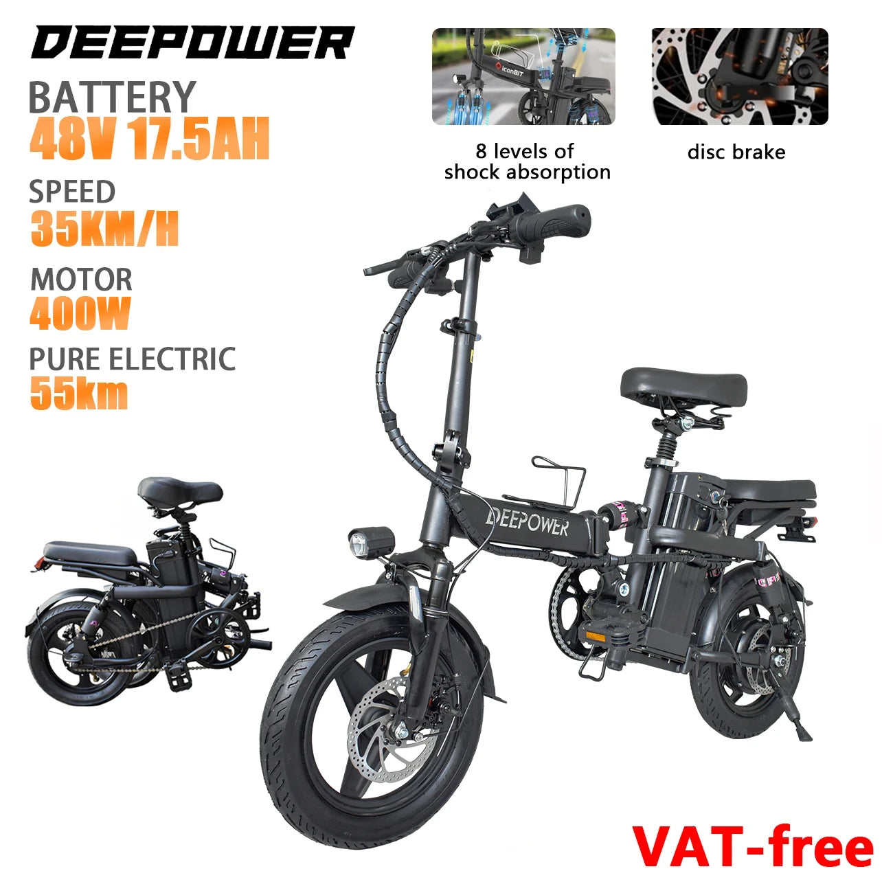 DEEPOWER Folding Mini Ebike 400W 48V 30AH Removable Battery 14-Inch Fat Tyre Electric Bicycle for Adults
