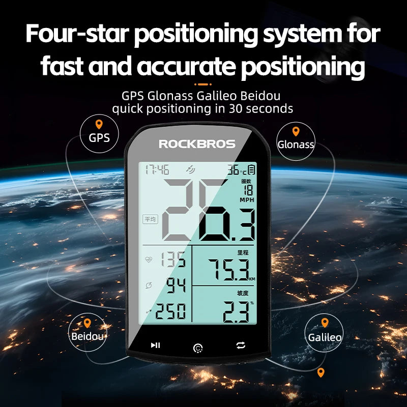 ROCKBROS GPS Bike Computer 5.0 ANT+ Bluetooth Waterproof Wireless Speedometer Odometer