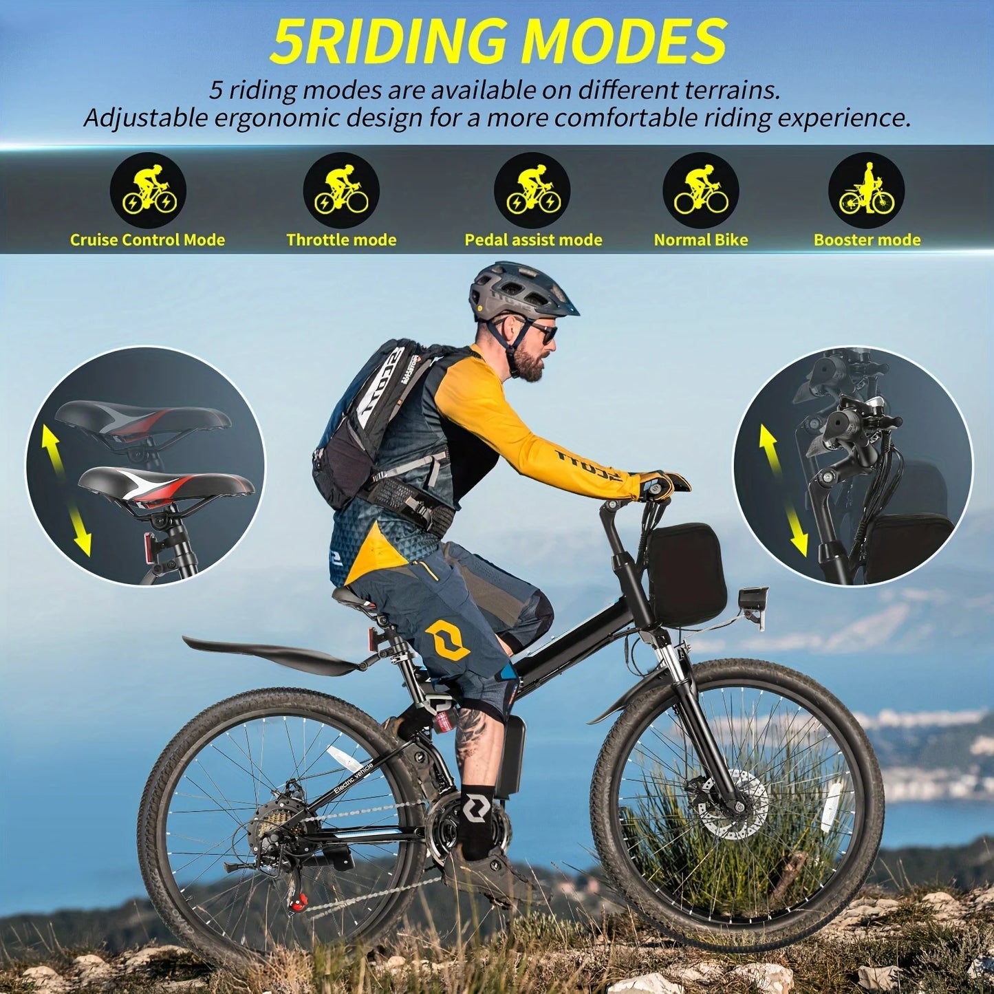 26" Folding Electric Bike for Adults with 500W Motor 48V 20MPH Removable Battery Up to 50 Miles Range Cruise Control