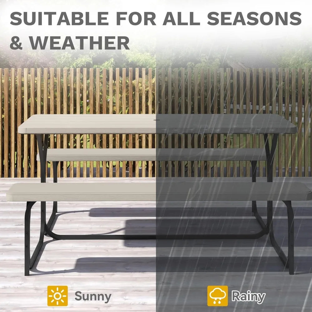 6FT Picnic Table, Heavy Duty Outdoor Table w/Umbrella Hole