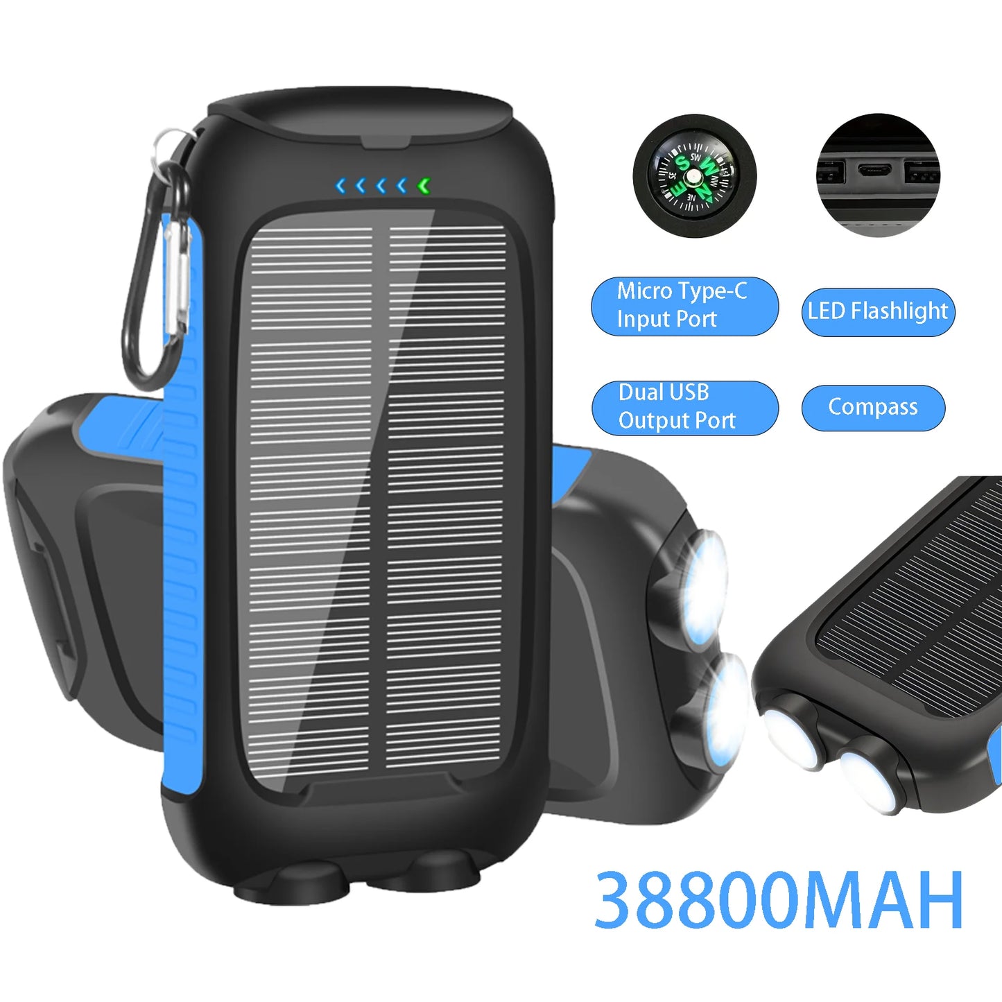38800mAh Solar Power Bank Portable Waterproof Fast Charging