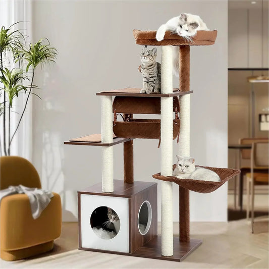 51.4 Inches Modern Cat Tree Premium 6 Levels Wooden Cat Tower with Fully Sisal Covered Scratching Posts, Cozy Condo,