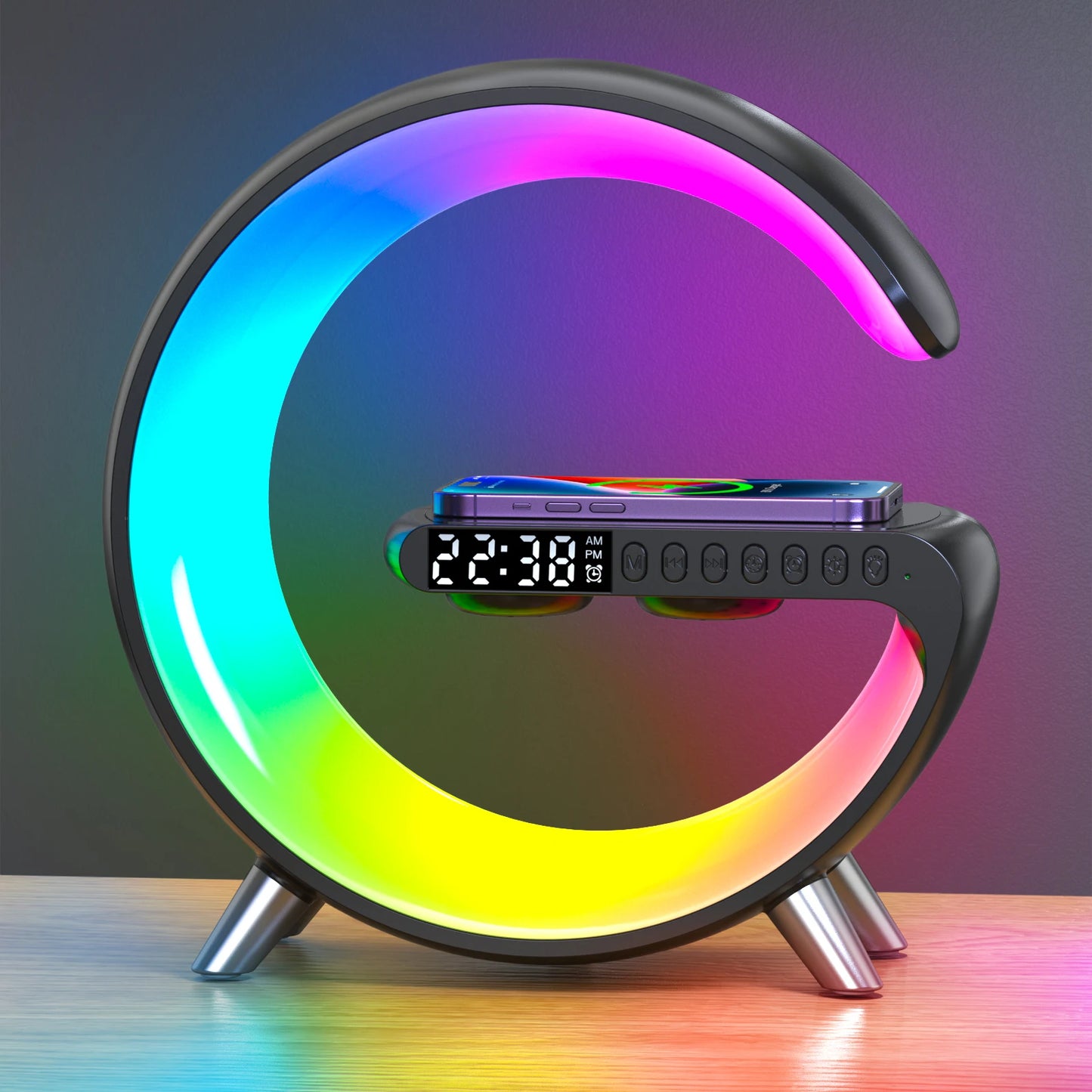 9 Inch Wireless Charger Stand Alarm Clock Bluetooth Speaker LED Lamp RGB Night Light For iPhone Samsung
