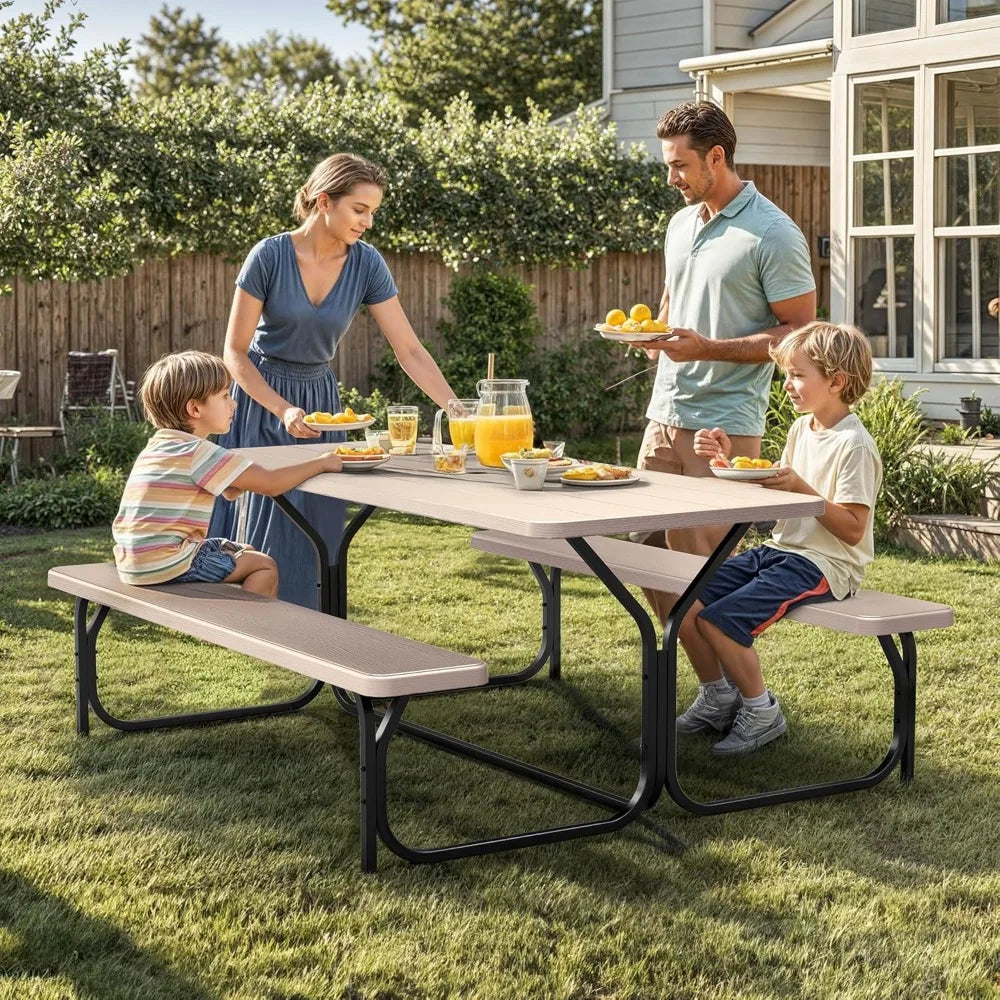 6FT Picnic Table, Heavy Duty Outdoor Table w/Umbrella Hole