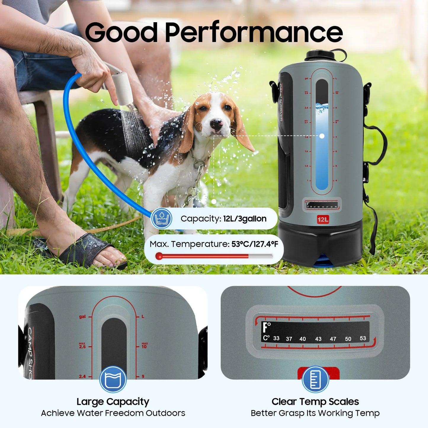 3 Gallon Portable Outdoor Camping Shower With Air Pump Shoulder Strap Hiking