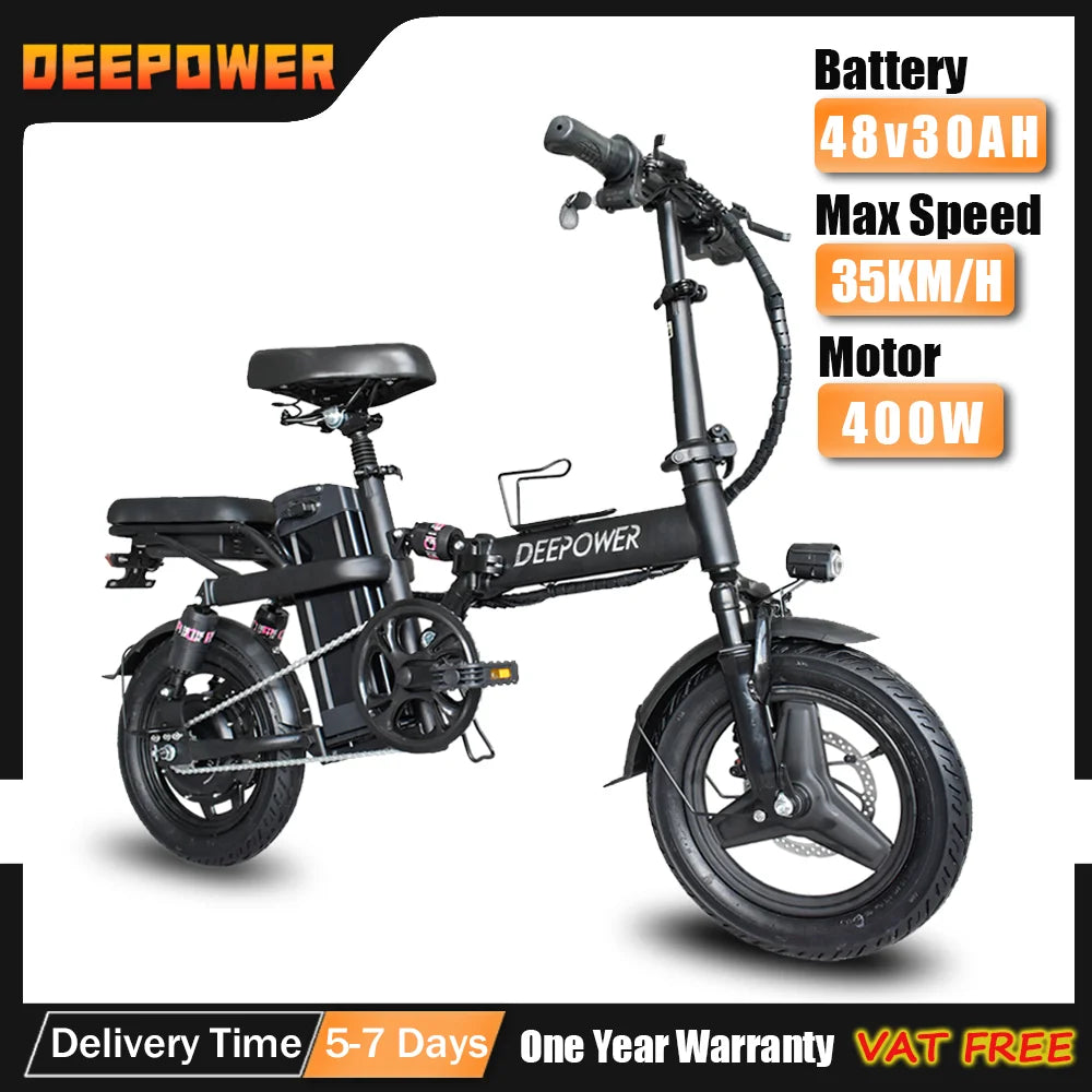 DEEPOWER Folding Mini Ebike 400W 48V 30AH Removable Battery 14-Inch Fat Tyre Electric Bicycle for Adults