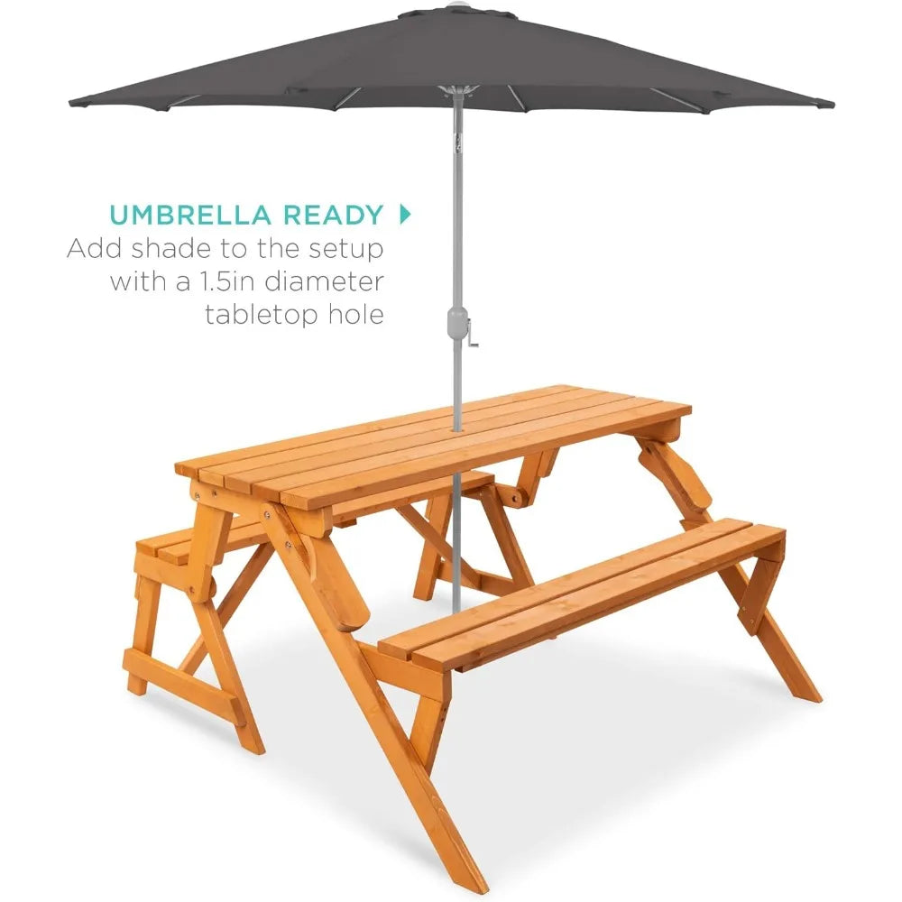 2-in-1 Transforming Interchangeable Outdoor Wooden Picnic Table Garden Bench