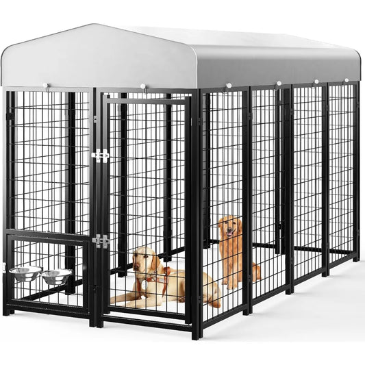 Dog Kennel Pen Outside Outdoor Dog Run with Roof Swivel Feeders