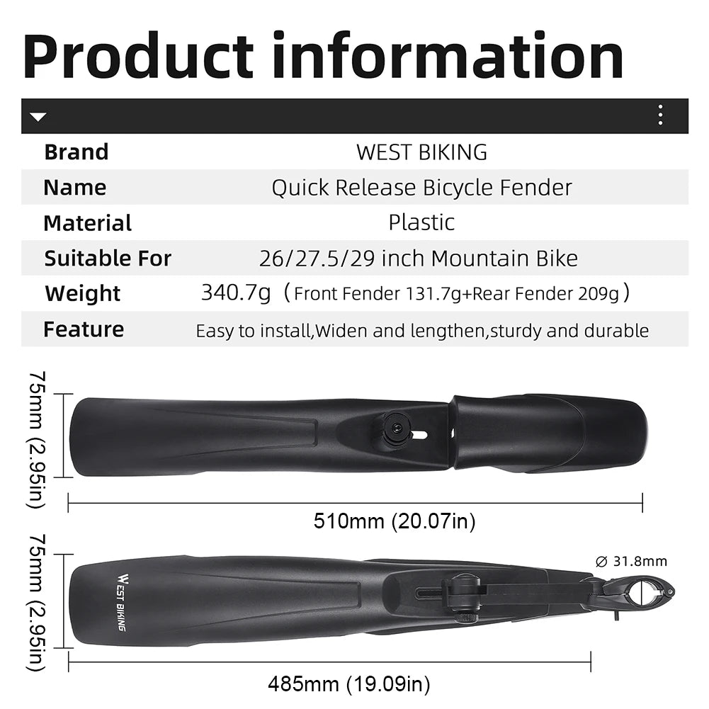 2Pcs Bike Fenders Mudguard Adjustable Bicycle Mud Guard for 26 27.5 29 Inch Bikes