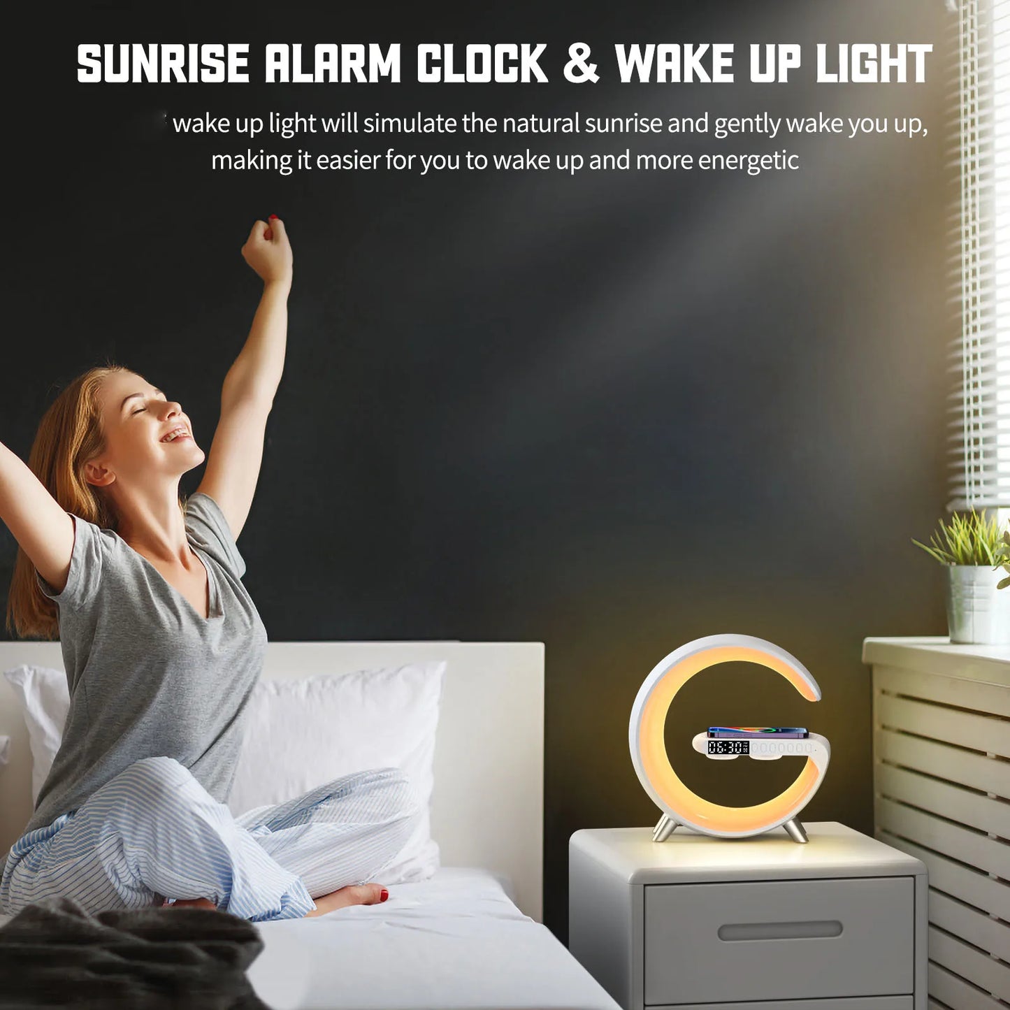 9 Inch Wireless Charger Stand Alarm Clock Bluetooth Speaker LED Lamp RGB Night Light For iPhone Samsung