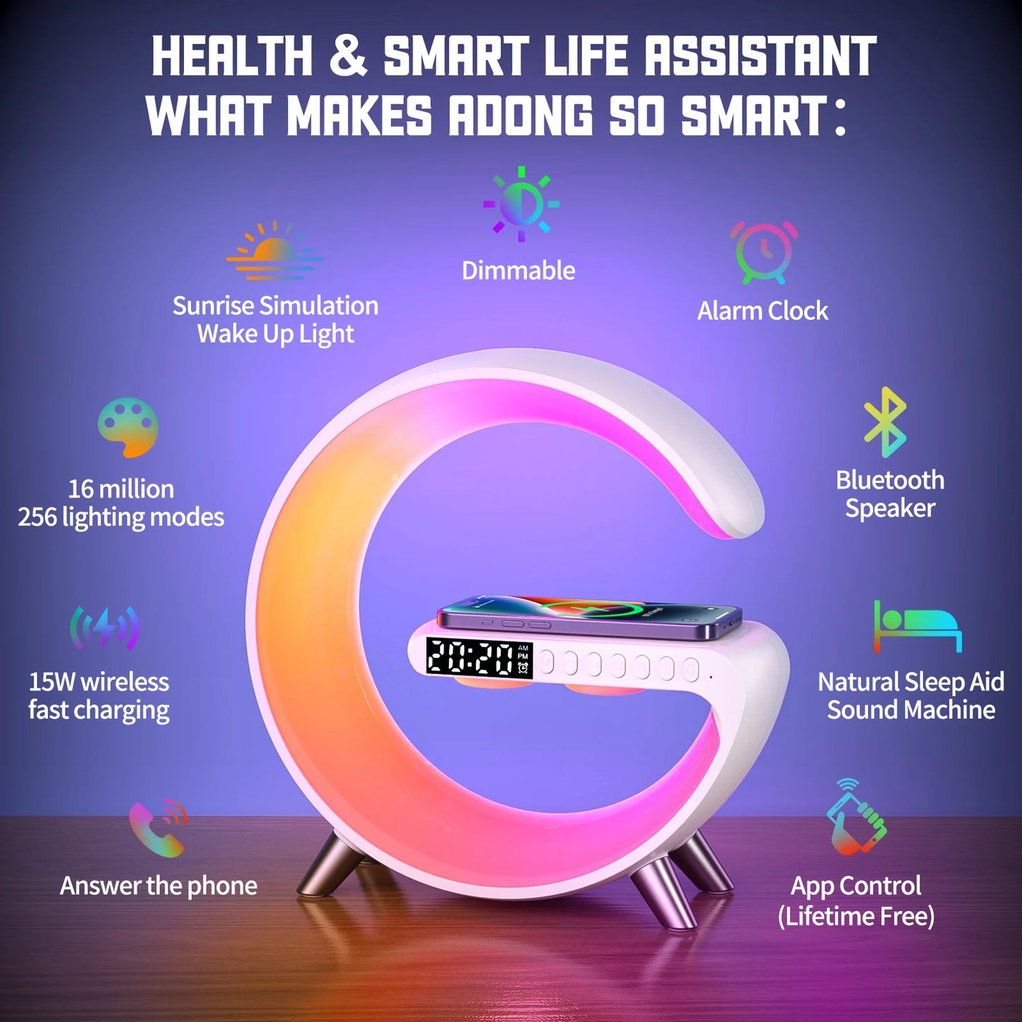 9 Inch Wireless Charger Stand Alarm Clock Bluetooth Speaker LED Lamp RGB Night Light For iPhone Samsung