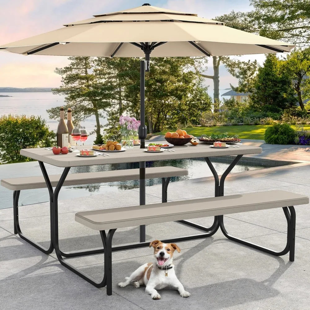 6FT Picnic Table, Heavy Duty Outdoor Table w/Umbrella Hole