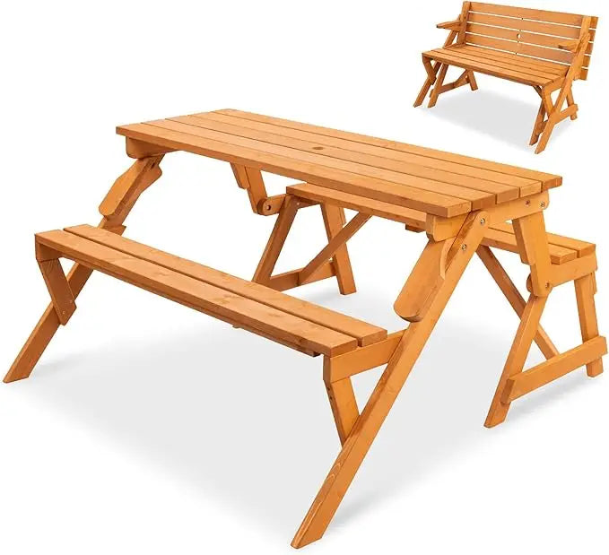 2-in-1 Transforming Interchangeable Outdoor Wooden Picnic Table Garden Bench