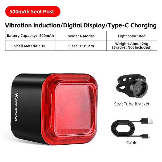 WEST BIKING Bicycle Rear Light Brake Sensing Digital Power Display Auto Start/Stop Cycling Accessories